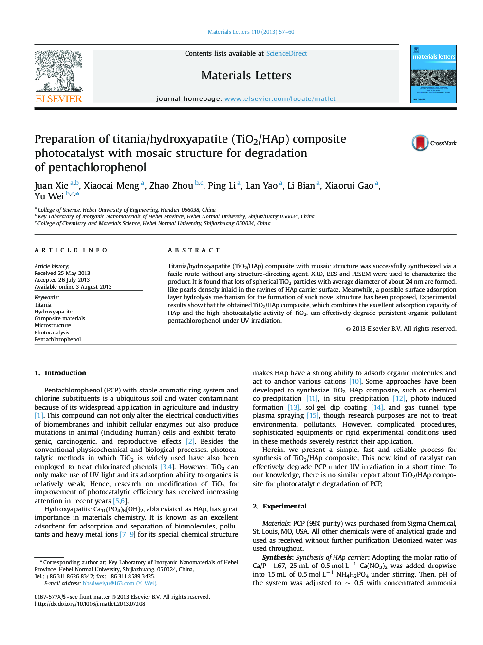 Preparation of titania/hydroxyapatite (TiO2/HAp) composite photocatalyst with mosaic structure for degradation of pentachlorophenol