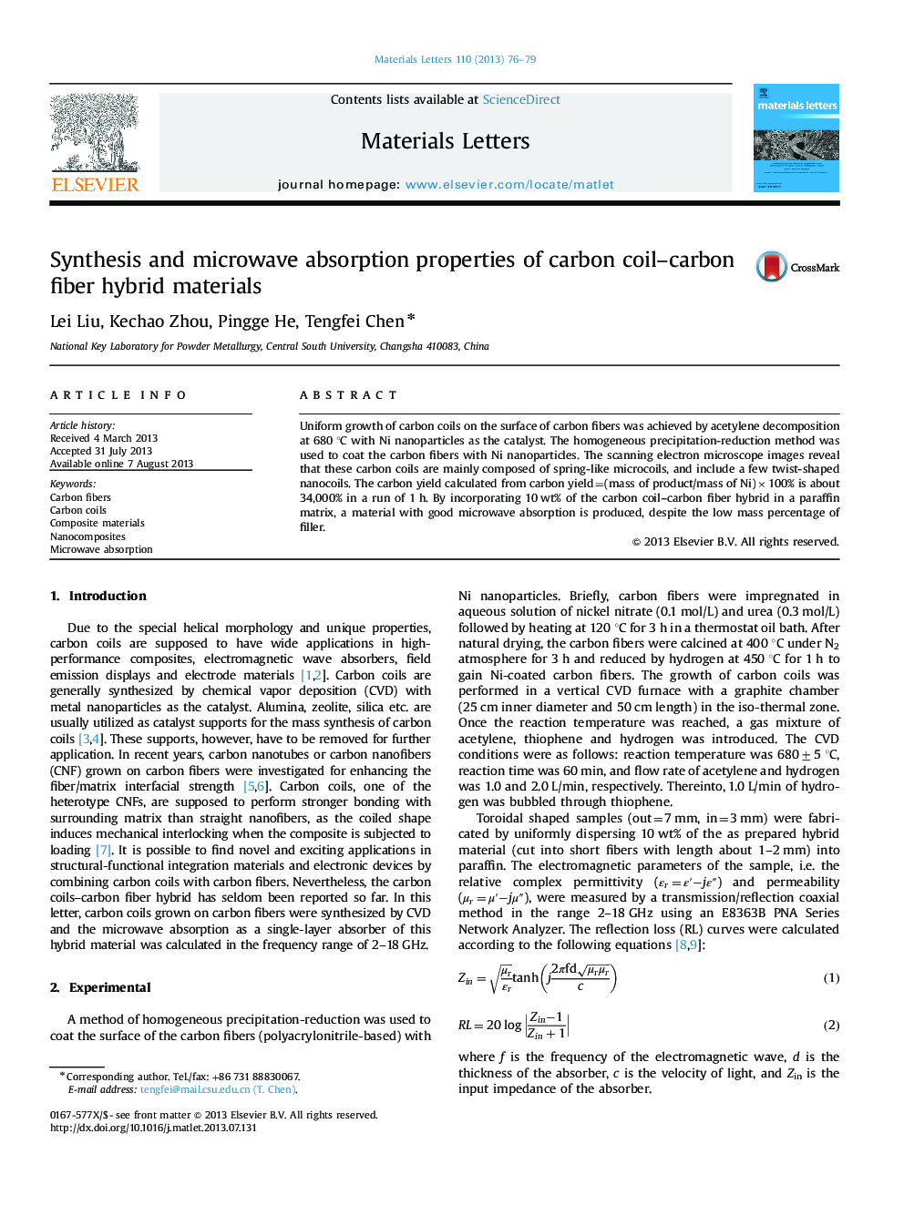 Synthesis and microwave absorption properties of carbon coil-carbon fiber hybrid materials