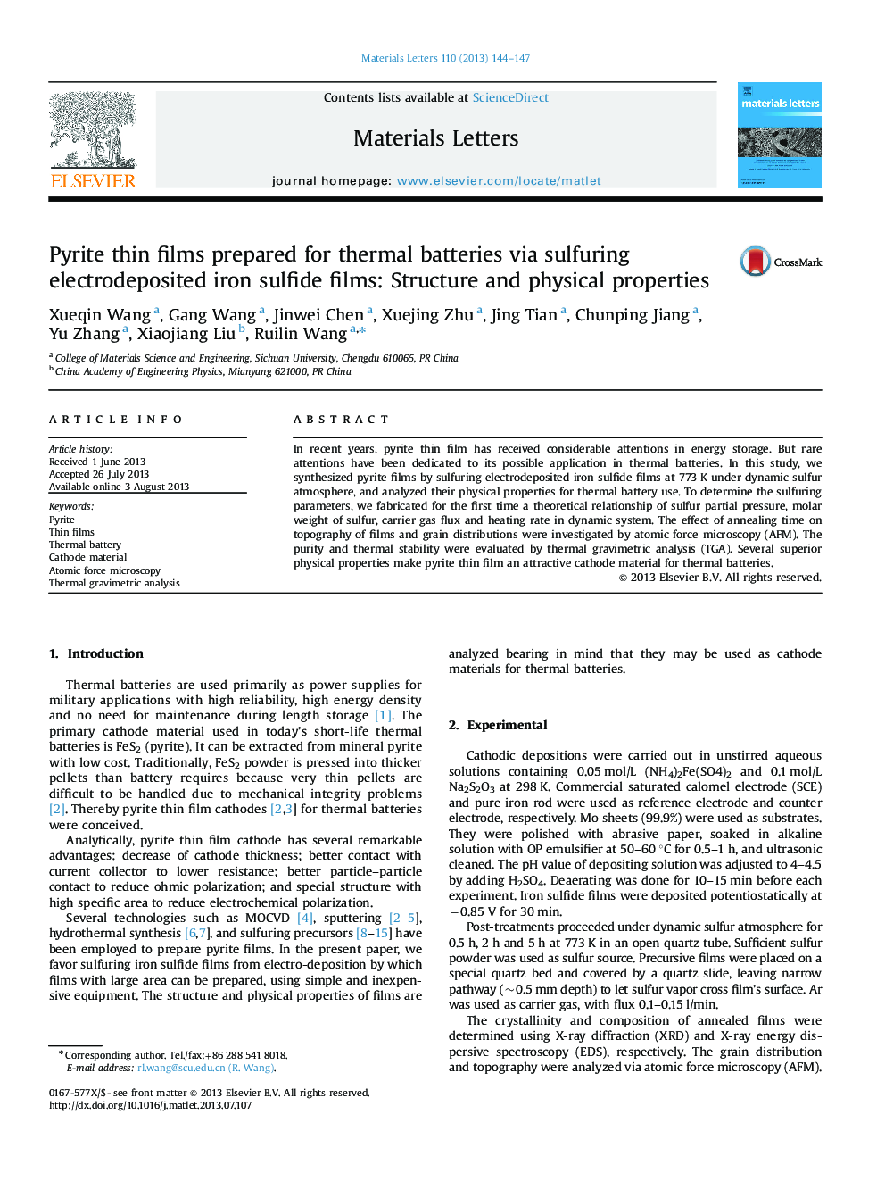 Pyrite thin films prepared for thermal batteries via sulfuring electrodeposited iron sulfide films: Structure and physical properties