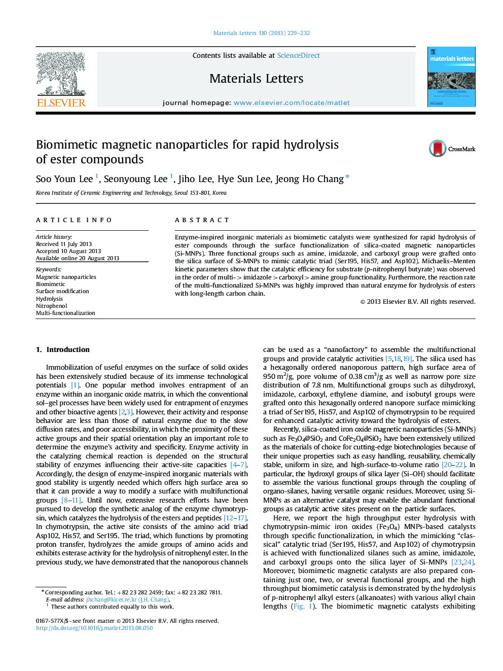 Biomimetic magnetic nanoparticles for rapid hydrolysis of ester compounds