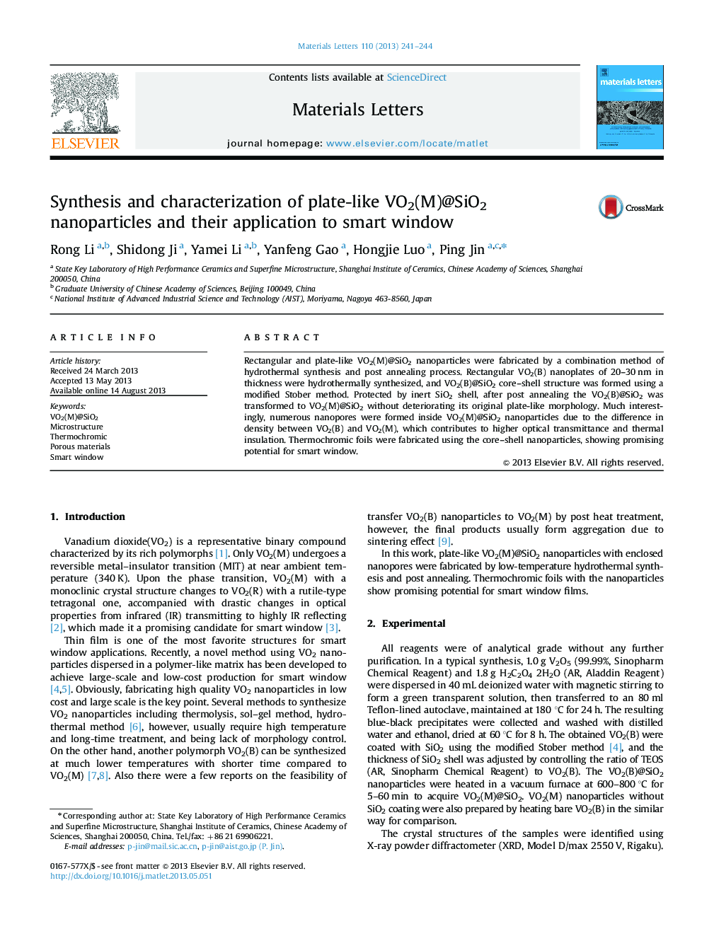 Synthesis and characterization of plate-like VO2(M)@SiO2 nanoparticles and their application to smart window