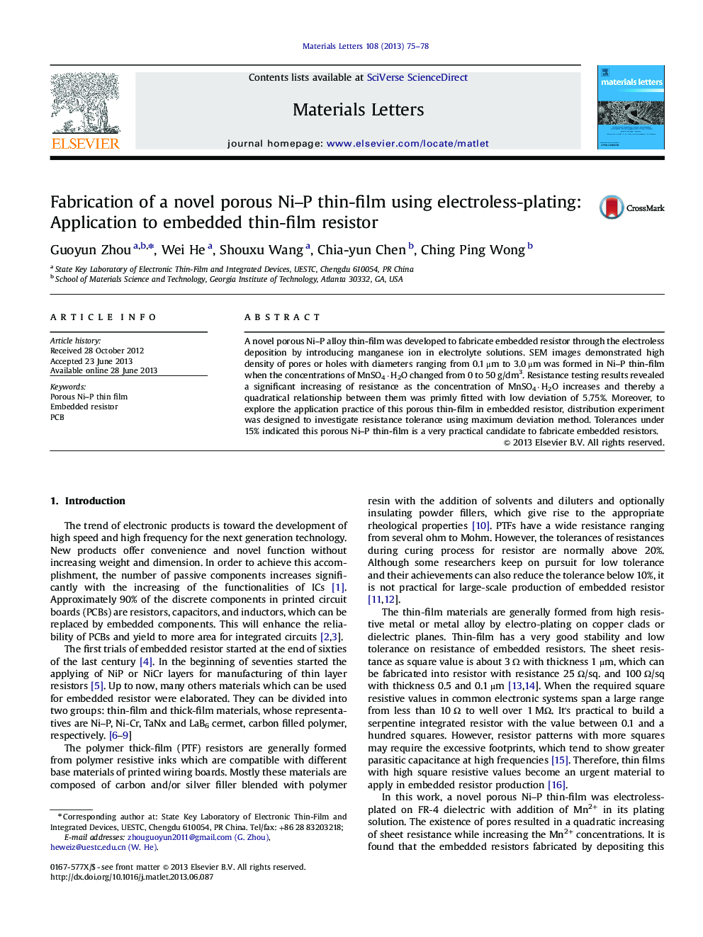 Fabrication of a novel porous Ni–P thin-film using electroless-plating: Application to embedded thin-film resistor