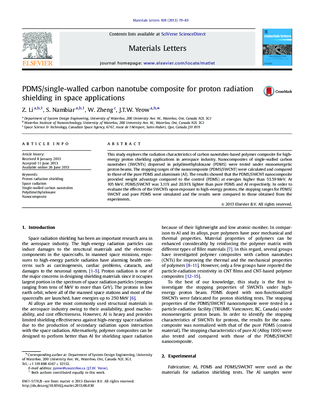 PDMS/single-walled carbon nanotube composite for proton radiation shielding in space applications