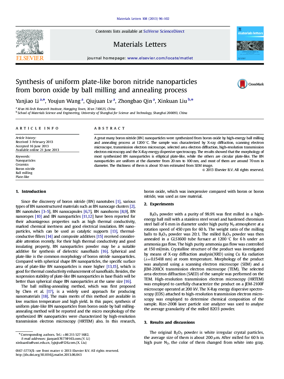 Synthesis of uniform plate-like boron nitride nanoparticles from boron oxide by ball milling and annealing process