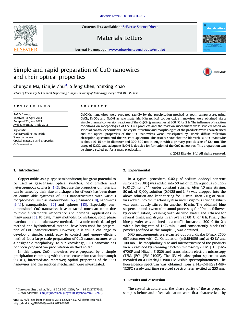 Simple and rapid preparation of CuO nanowires and their optical properties