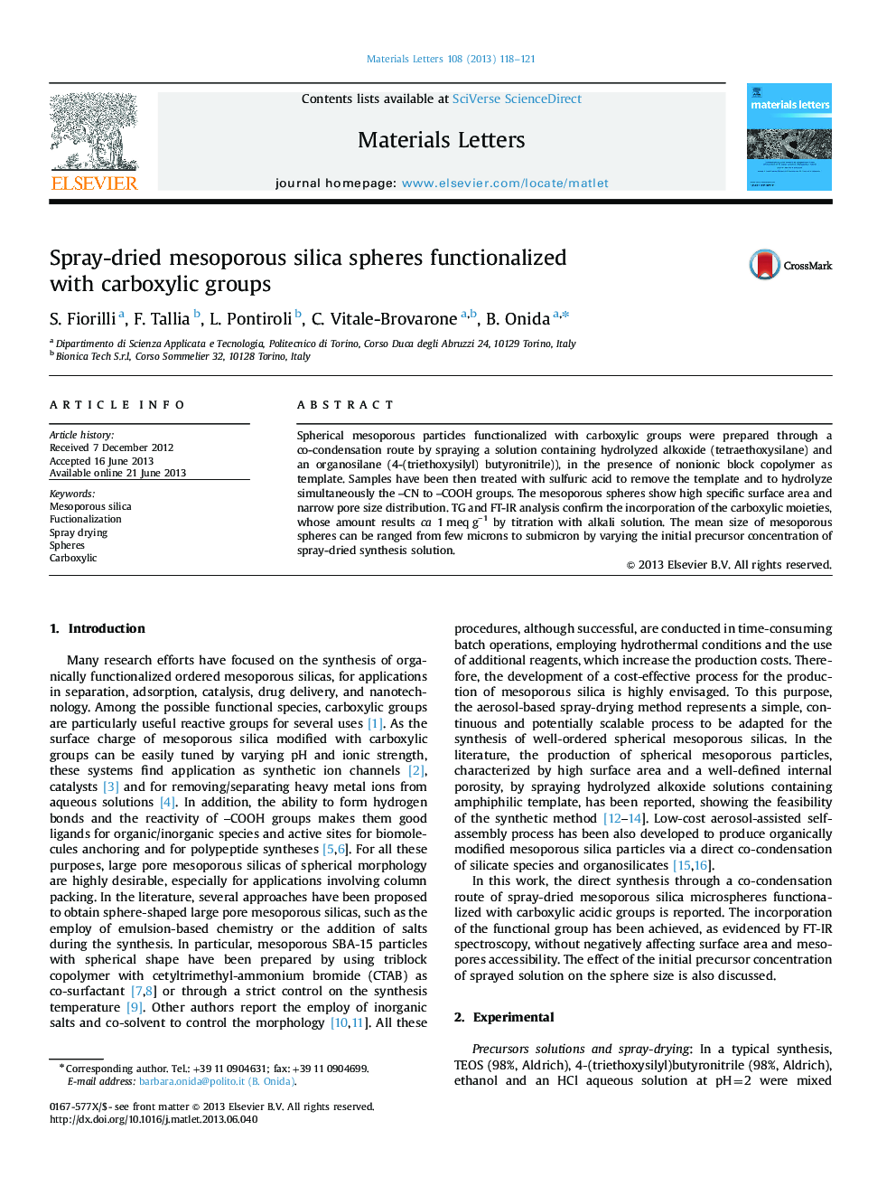 Spray-dried mesoporous silica spheres functionalized with carboxylic groups