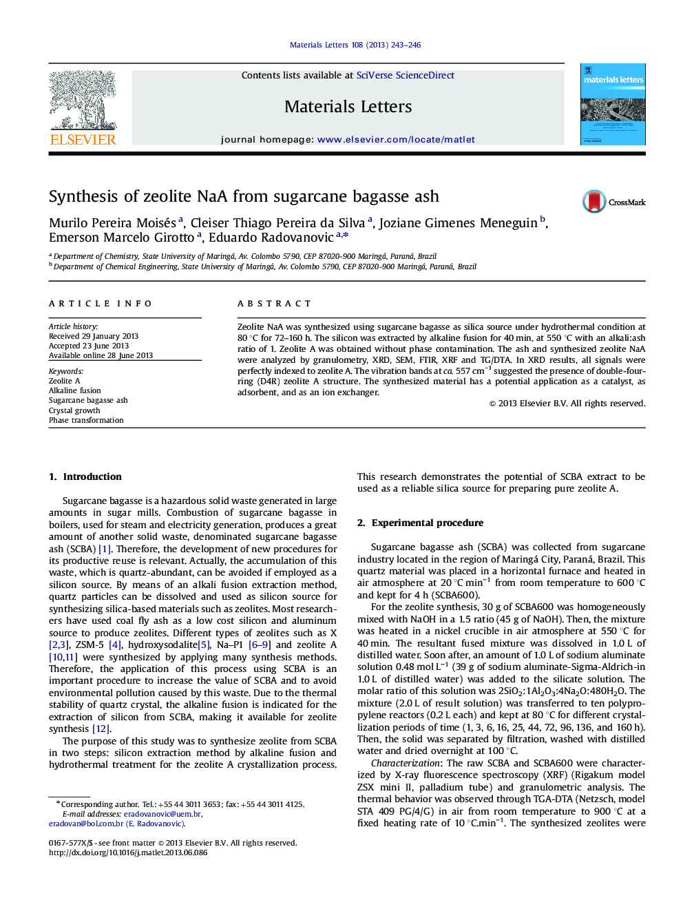 Synthesis of zeolite NaA from sugarcane bagasse ash