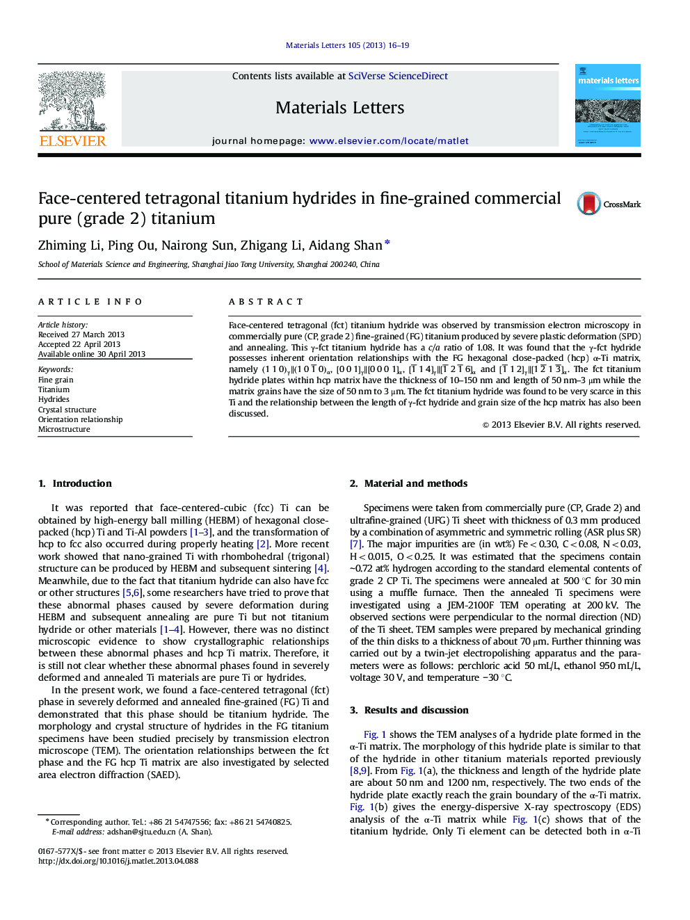 عکس صفحه اول مقاله: Face-centered tetragonal titanium hydrides in fine-grained commercial pure (grade 2) titanium Face-centered tetragonal titanium hydrides in fine-grained commercial pure (grade 2) titanium