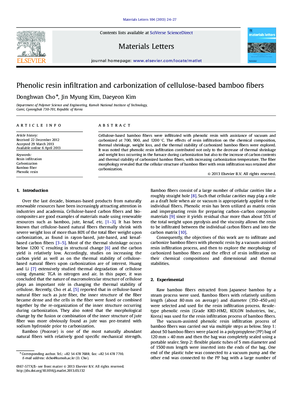 Phenolic resin infiltration and carbonization of cellulose-based bamboo fibers