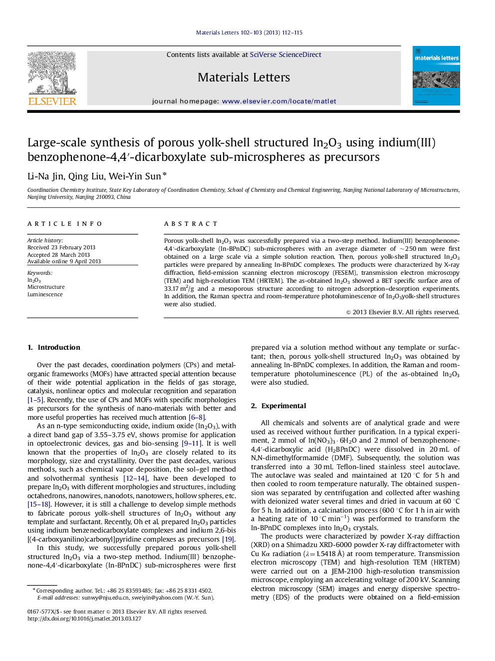 Large-scale synthesis of porous yolk-shell structured In2O3 using indium(III) benzophenone-4,4â²-dicarboxylate sub-microspheres as precursors