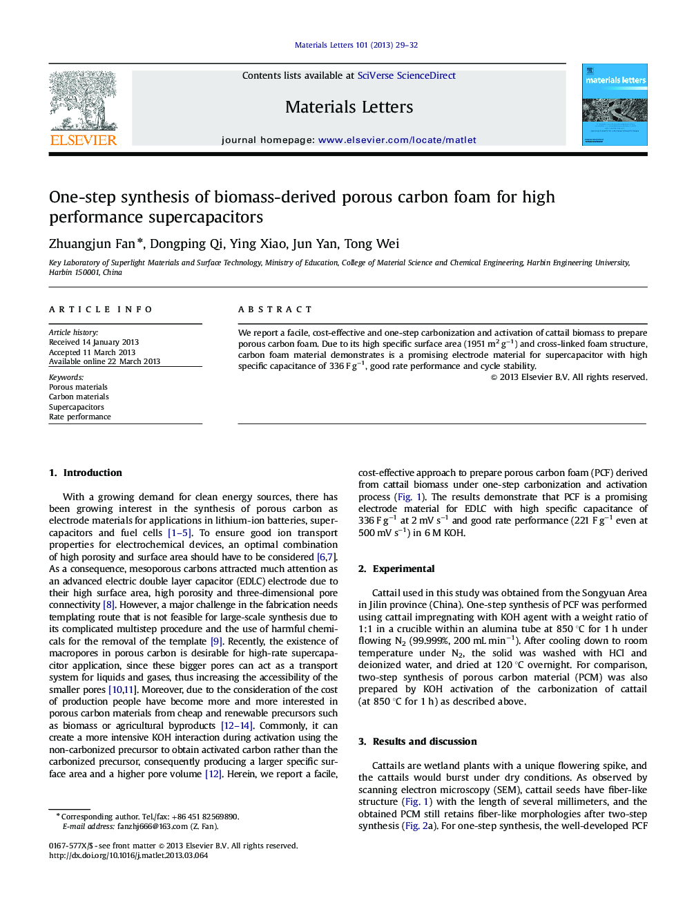 One-step synthesis of biomass-derived porous carbon foam for high performance supercapacitors