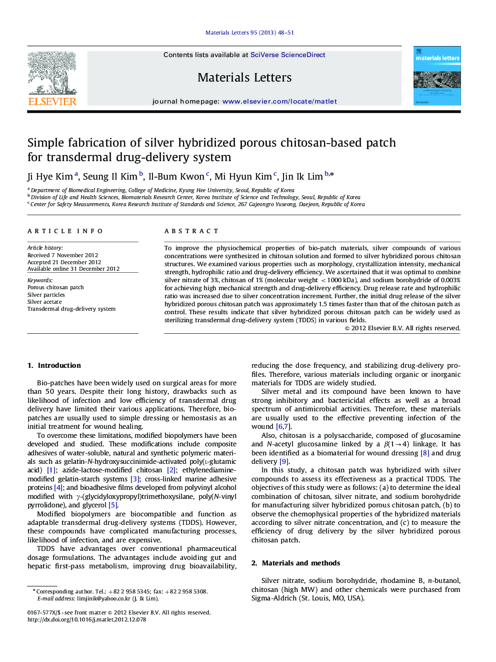 Simple fabrication of silver hybridized porous chitosan-based patch for transdermal drug-delivery system