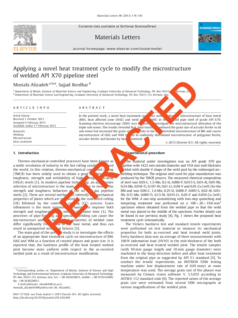 RETRACTED: Applying a novel heat treatment cycle to modify the microstructure of welded API X70 pipeline steel