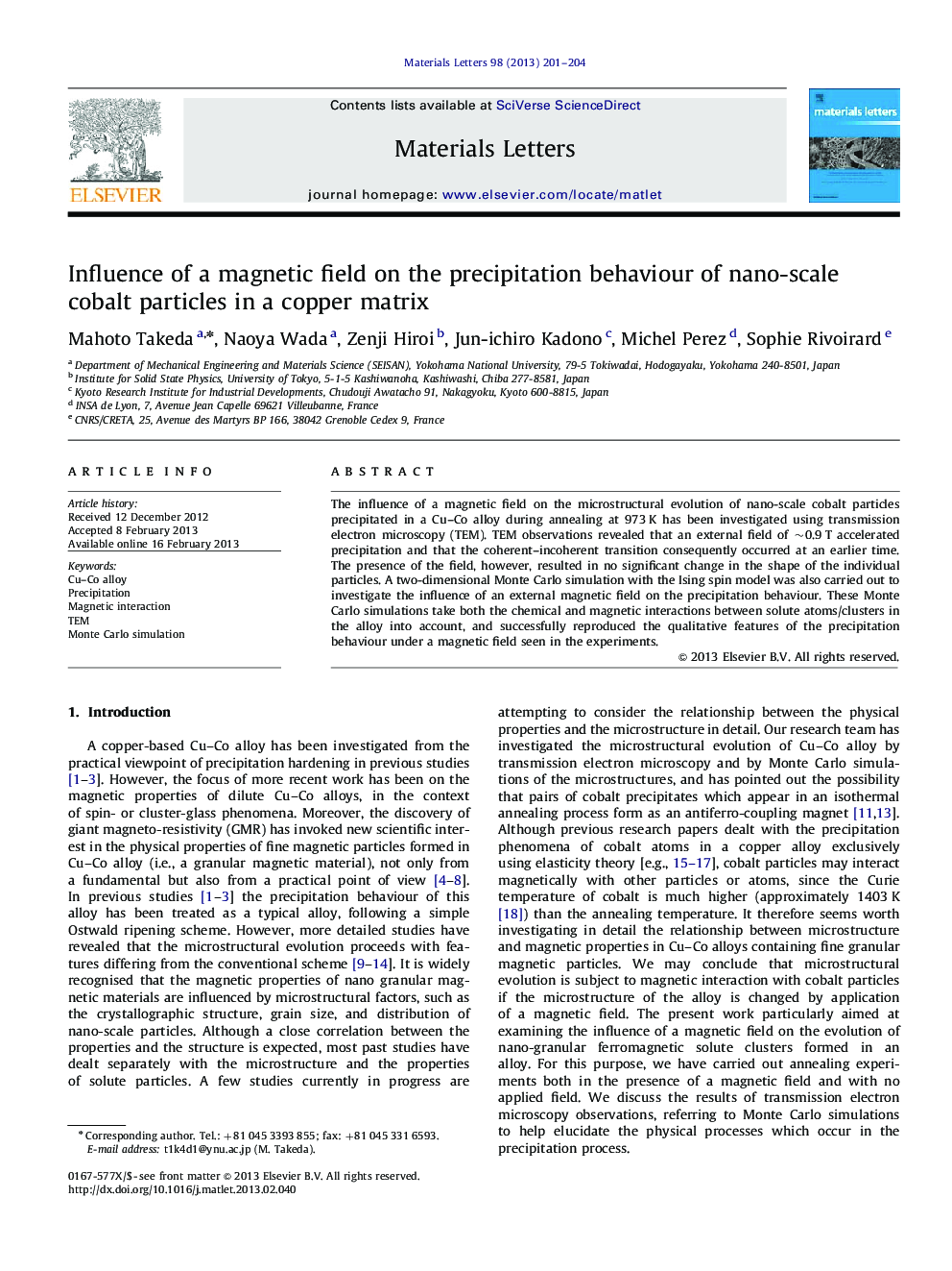 Influence of a magnetic field on the precipitation behaviour of nano-scale cobalt particles in a copper matrix