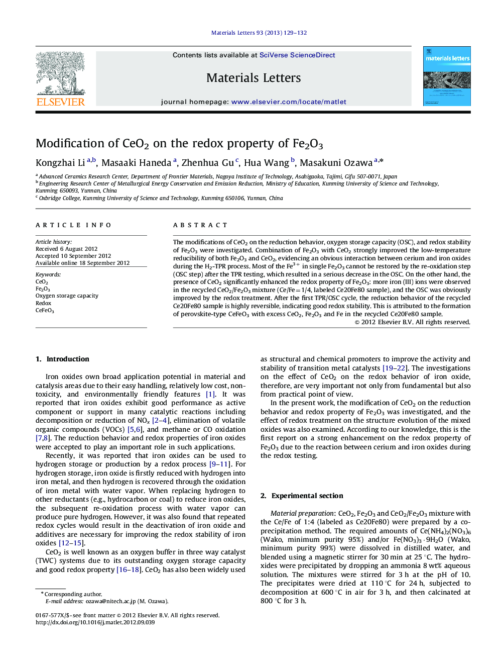 Modification of CeO2 on the redox property of Fe2O3