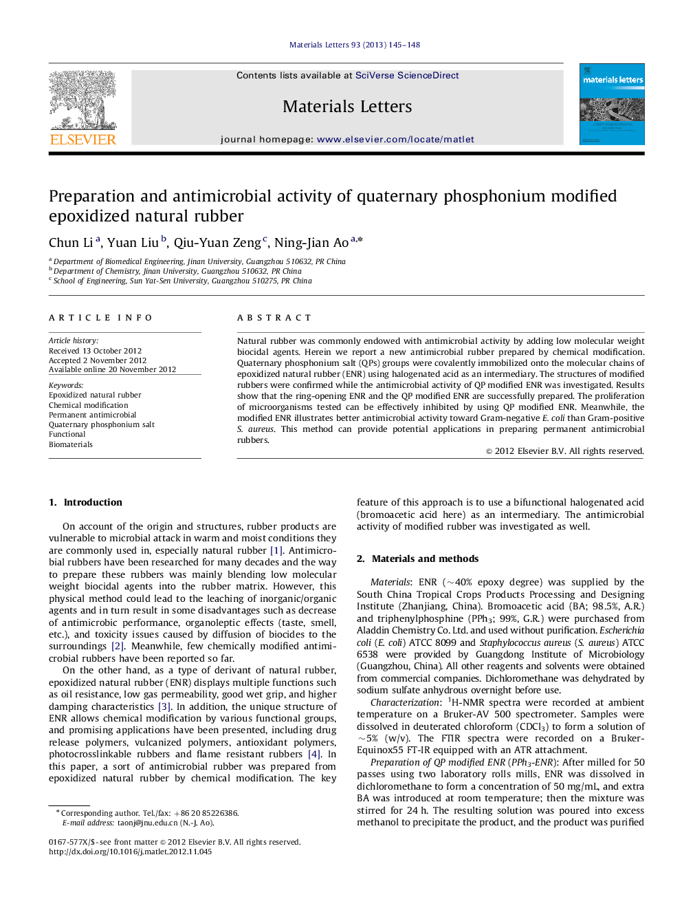 Preparation and antimicrobial activity of quaternary phosphonium modified epoxidized natural rubber