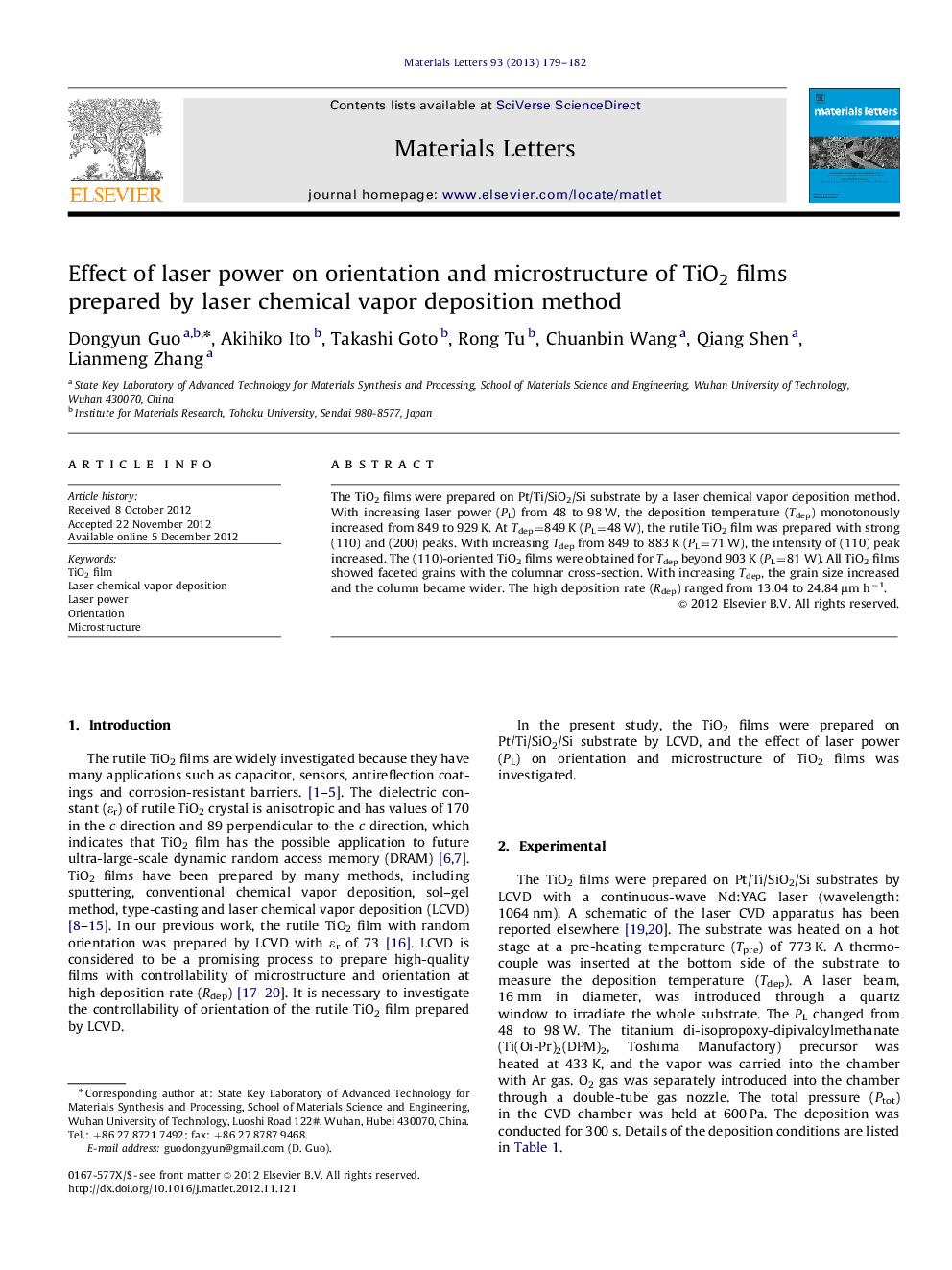 Effect of laser power on orientation and microstructure of TiO2 films prepared by laser chemical vapor deposition method