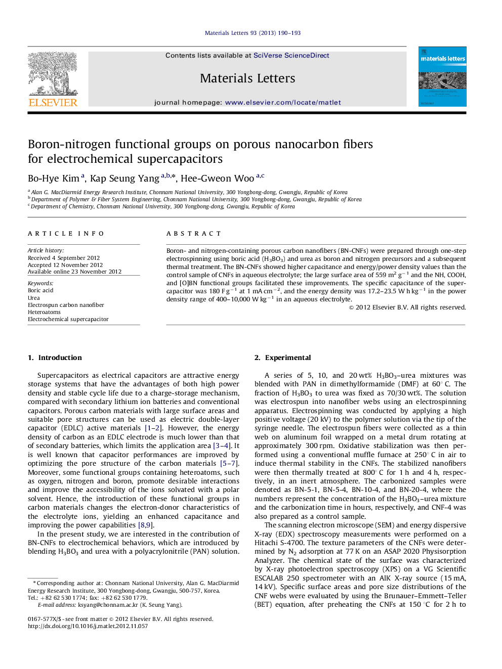 Boron-nitrogen functional groups on porous nanocarbon fibers for electrochemical supercapacitors