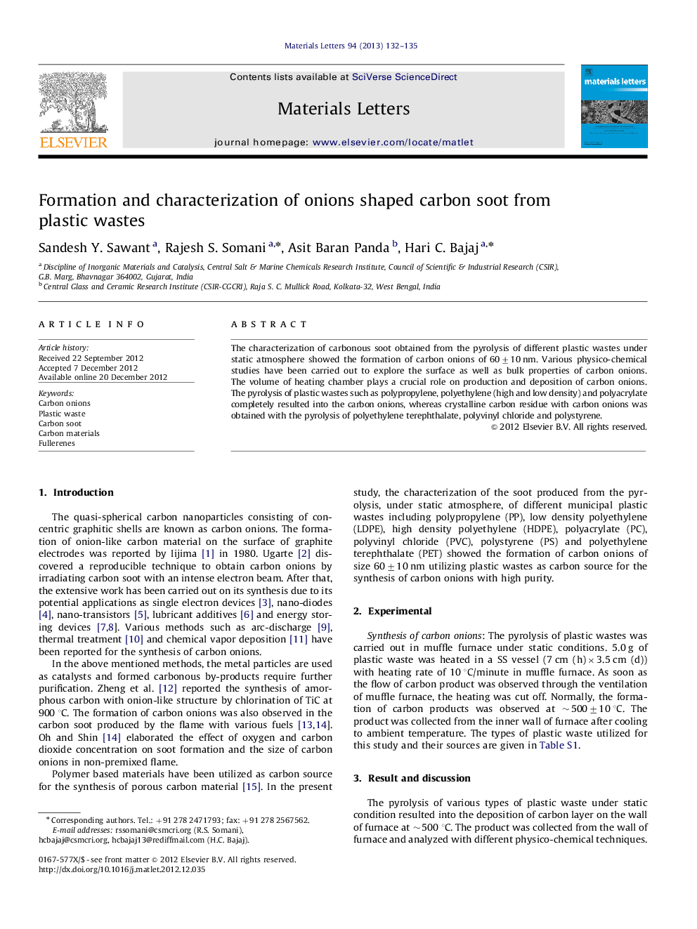 Formation and characterization of onions shaped carbon soot from plastic wastes