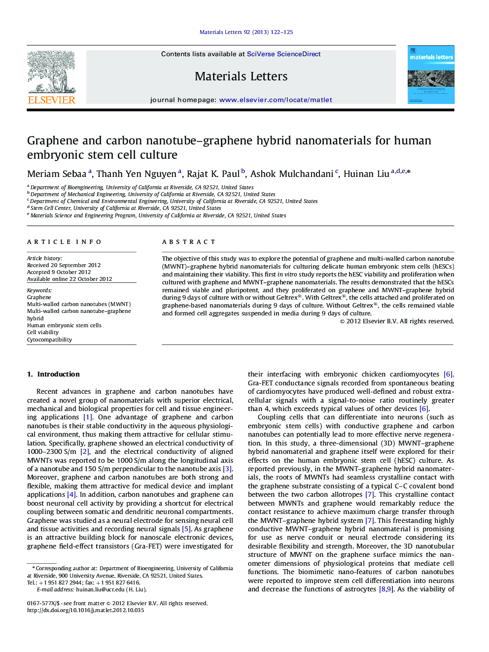 Graphene and carbon nanotube–graphene hybrid nanomaterials for human embryonic stem cell culture