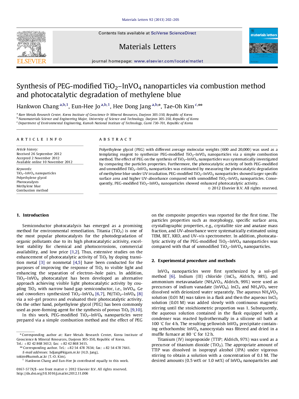 Synthesis of PEG-modified TiO2–InVO4 nanoparticles via combustion method and photocatalytic degradation of methylene blue