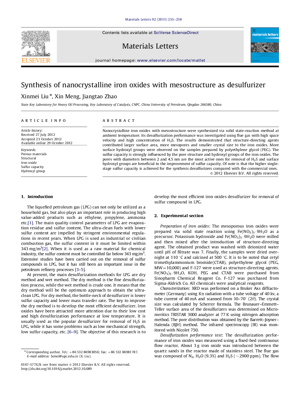 Synthesis of nanocrystalline iron oxides with mesostructure as desulfurizer