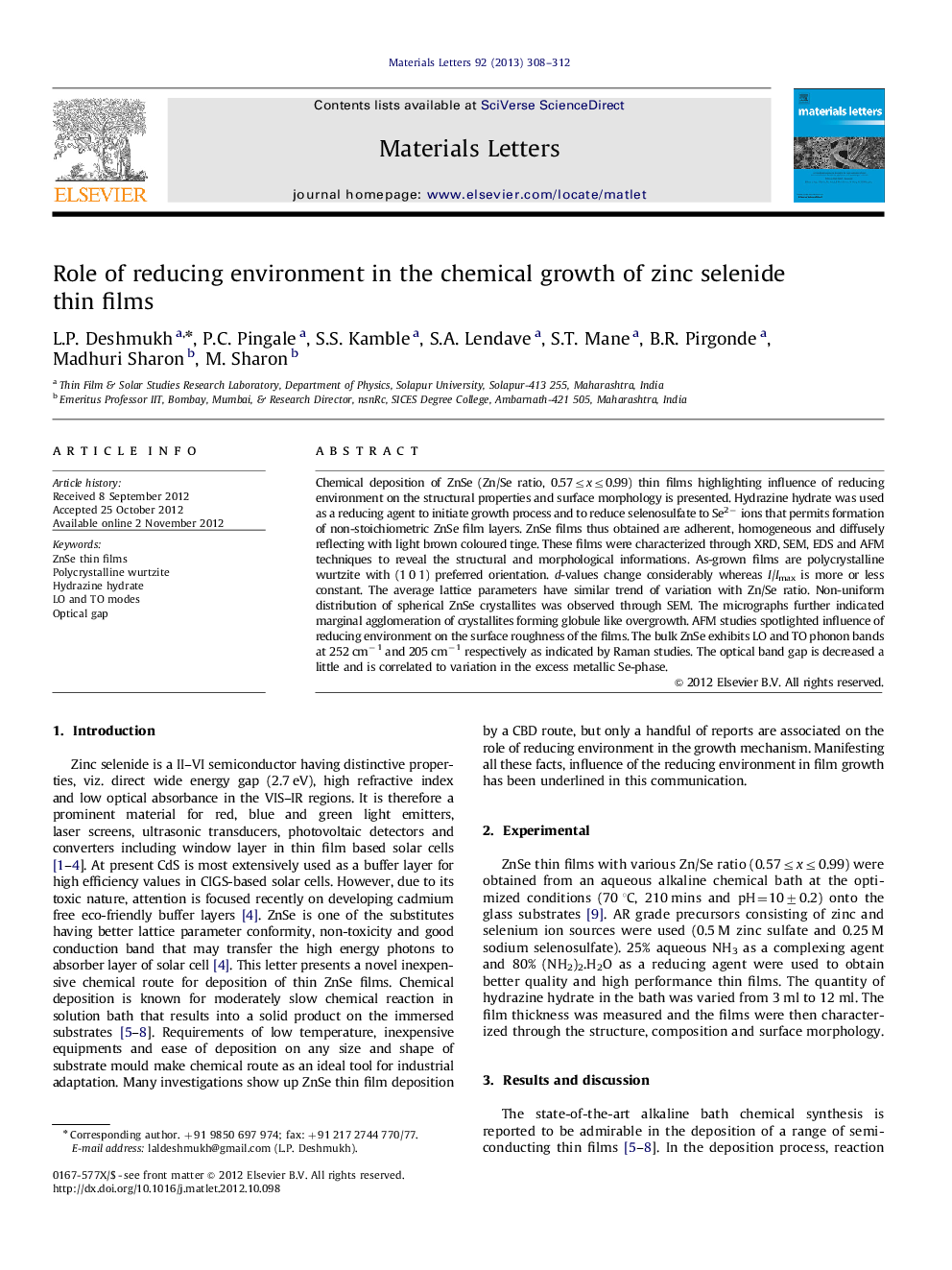 Role of reducing environment in the chemical growth of zinc selenide thin films