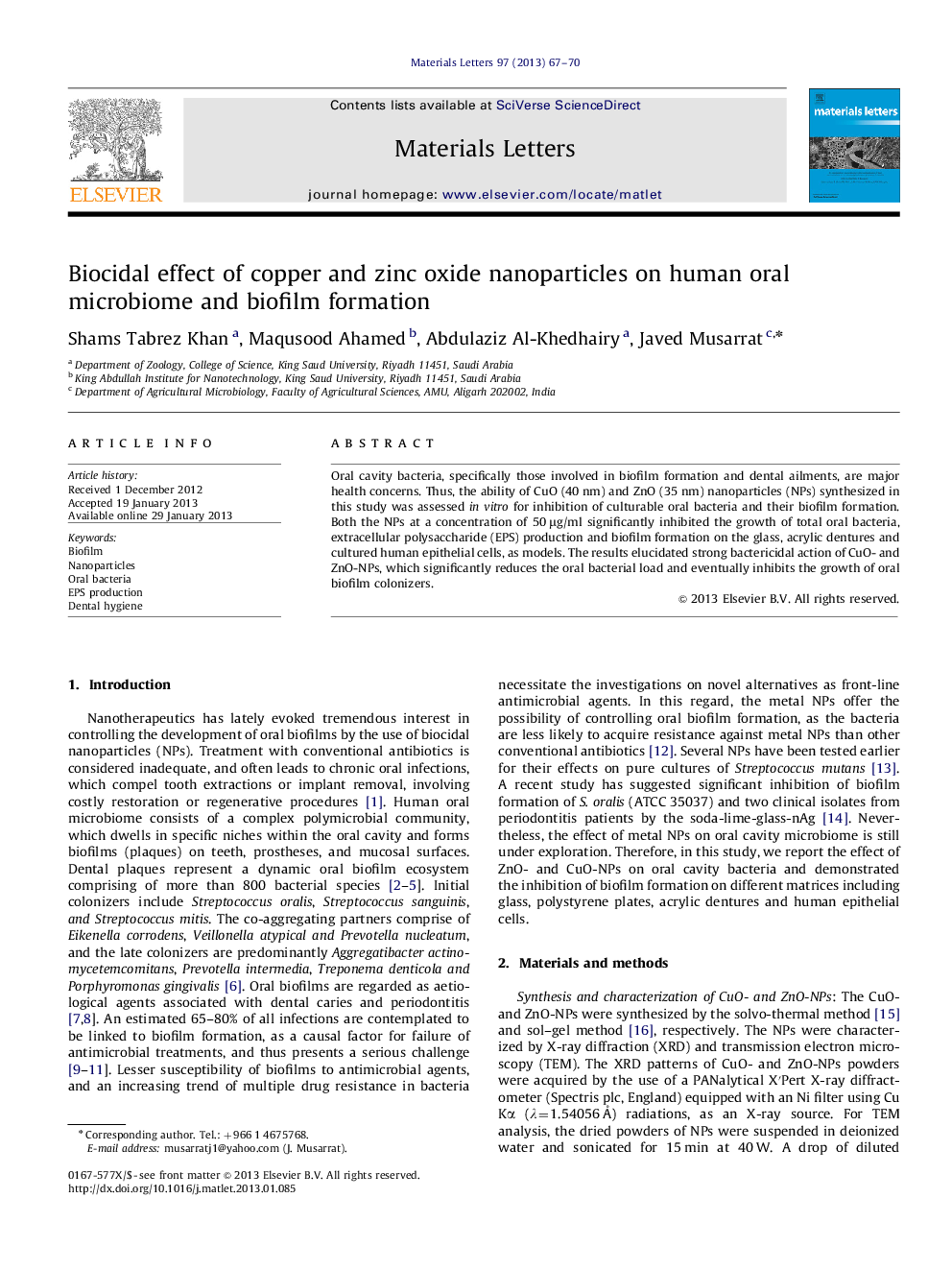 Biocidal effect of copper and zinc oxide nanoparticles on human oral microbiome and biofilm formation