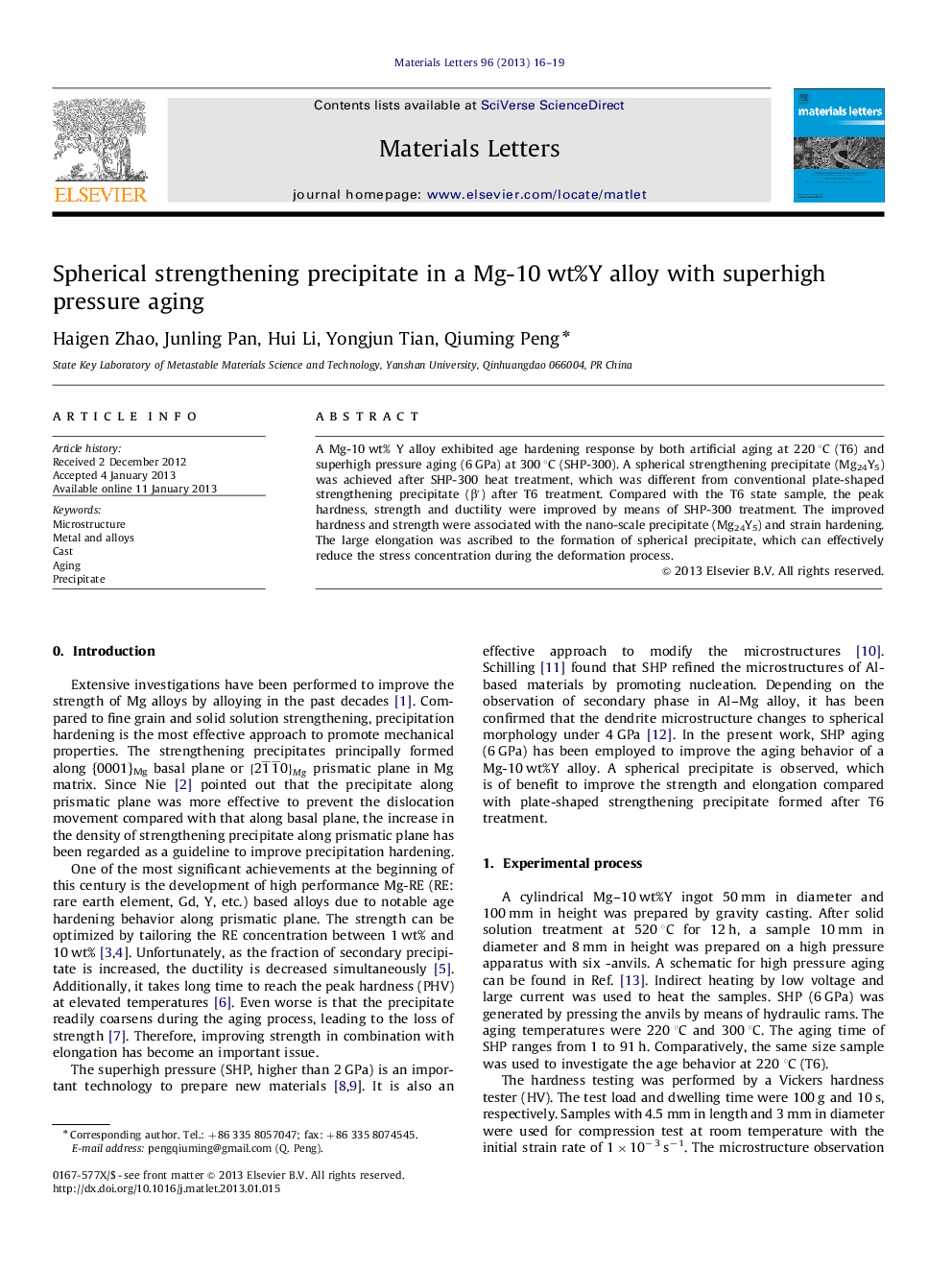 Spherical strengthening precipitate in a Mg-10 wt%Y alloy with superhigh pressure aging