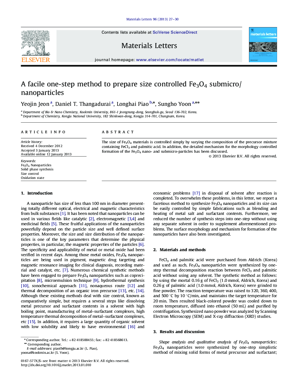 A facile one-step method to prepare size controlled Fe3O4 submicro/nanoparticles