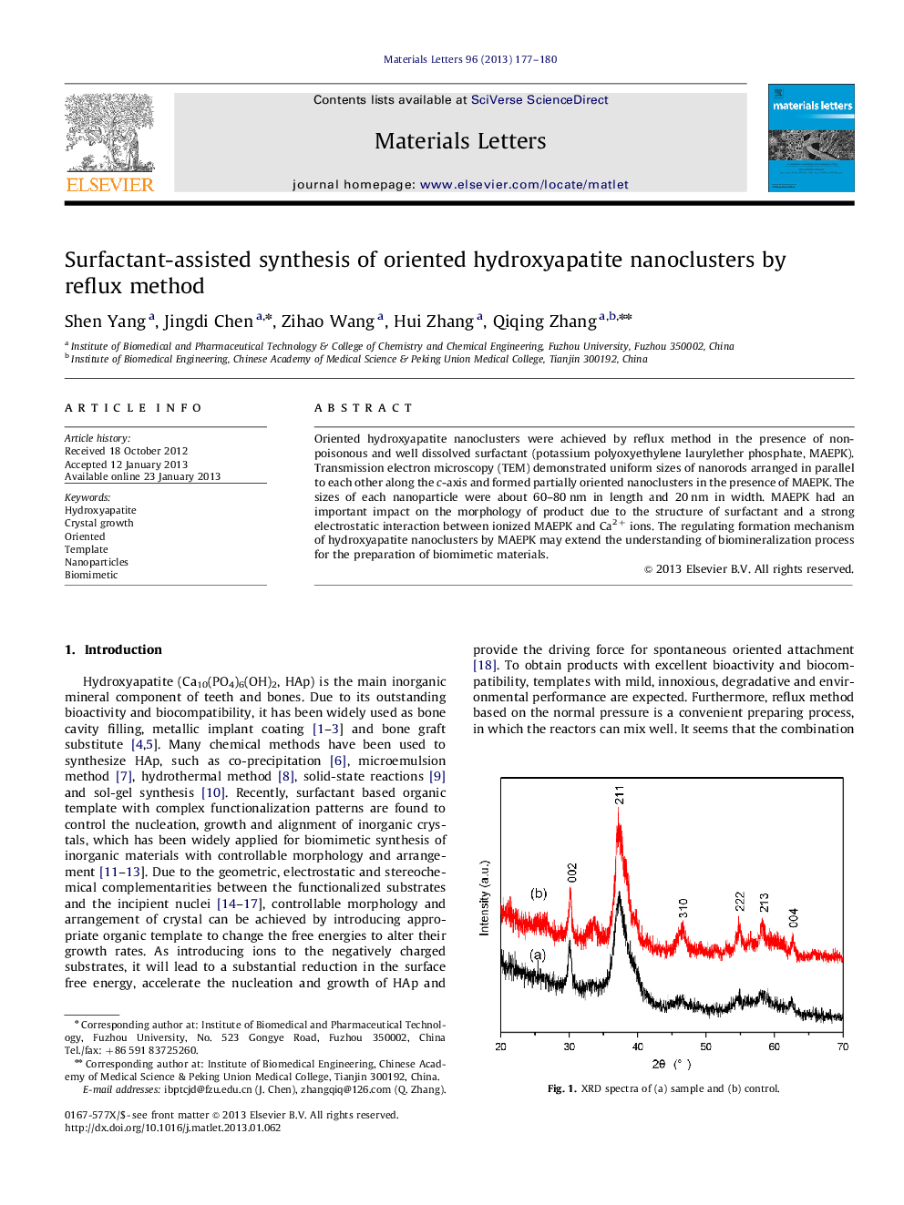 Surfactant-assisted synthesis of oriented hydroxyapatite nanoclusters by refluxmethod