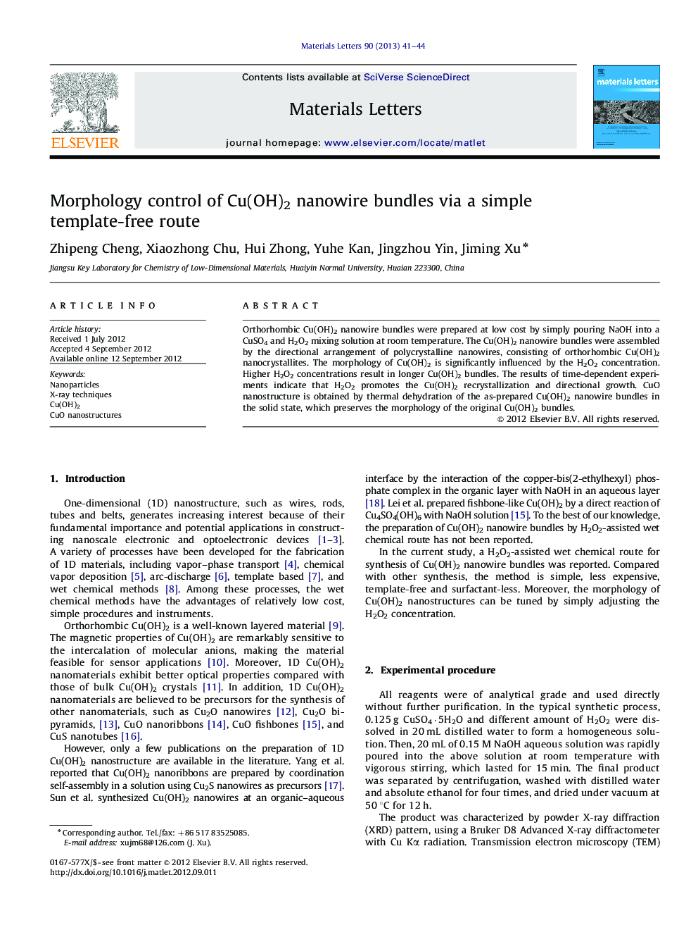 Morphology control of Cu(OH)2 nanowire bundles via a simple template-free route