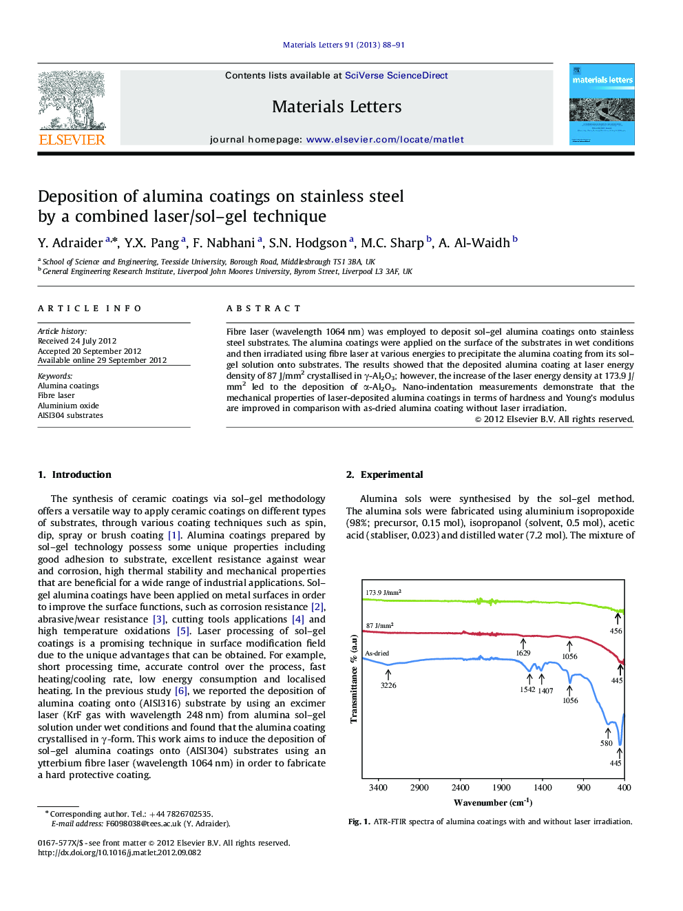 Deposition of alumina coatings on stainless steel by a combined laser/sol–gel technique