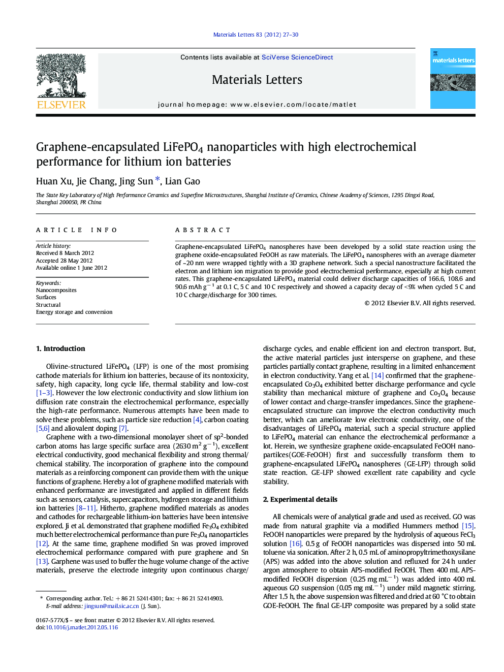 Graphene-encapsulated LiFePO4 nanoparticles with high electrochemical performance for lithium ion batteries