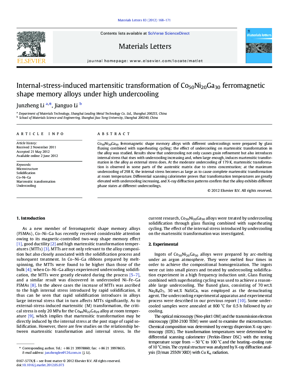 Internal-stress-induced martensitic transformation of Co50Ni20Ga30 ferromagnetic shape memory alloys under high undercooling