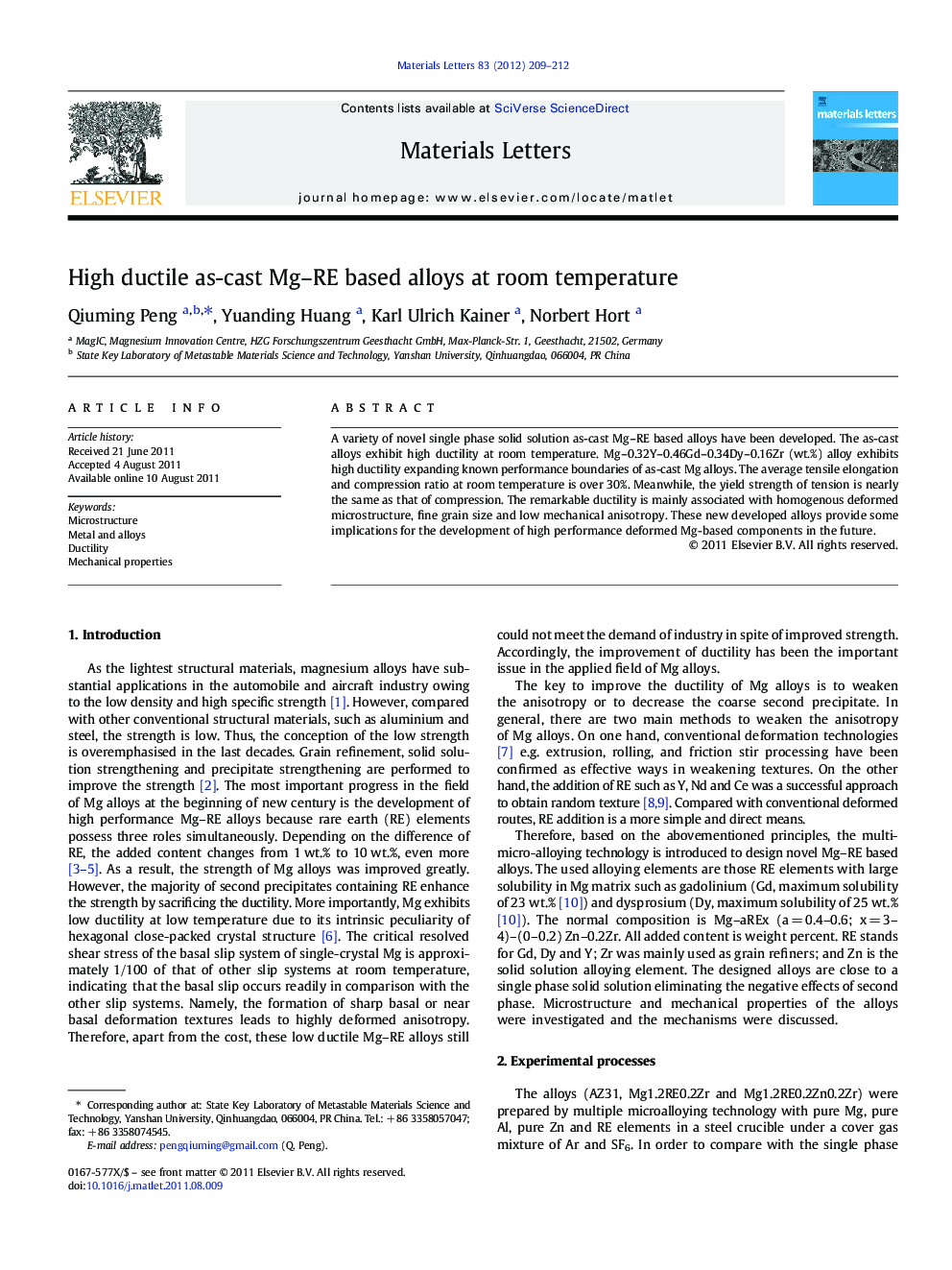 High ductile as-cast Mg–RE based alloys at room temperature