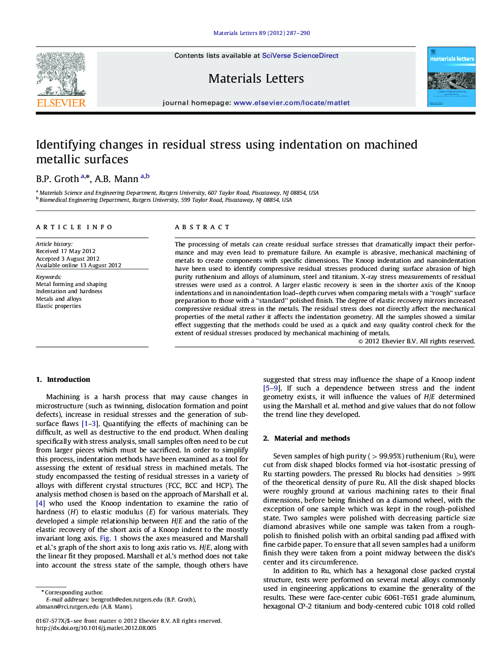 Identifying changes in residual stress using indentation on machined metallic surfaces