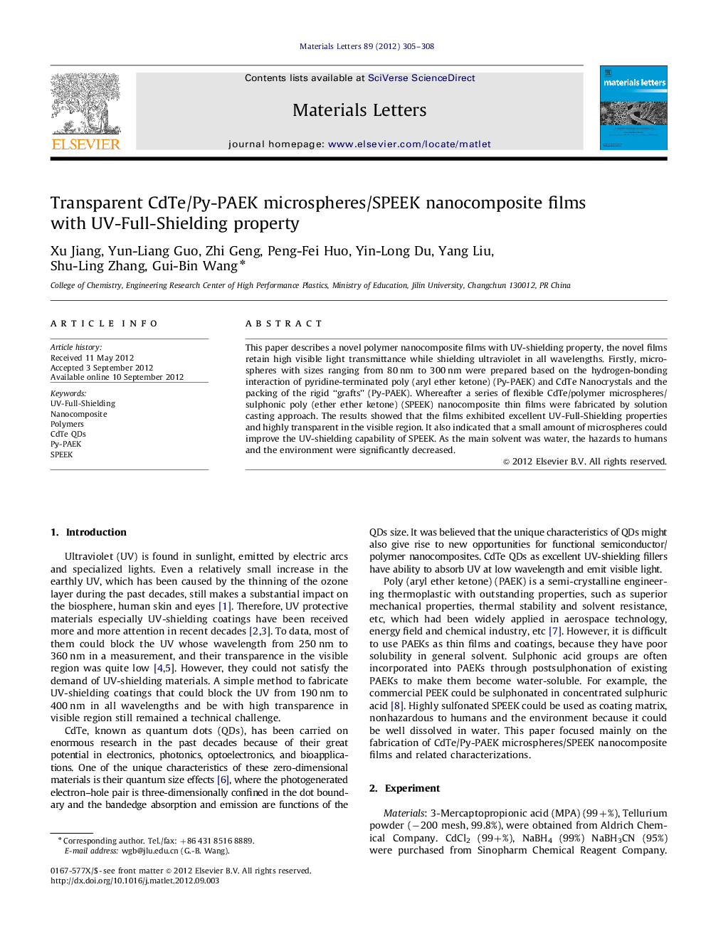 Transparent CdTe/Py-PAEK microspheres/SPEEK nanocomposite films with UV-Full-Shielding property