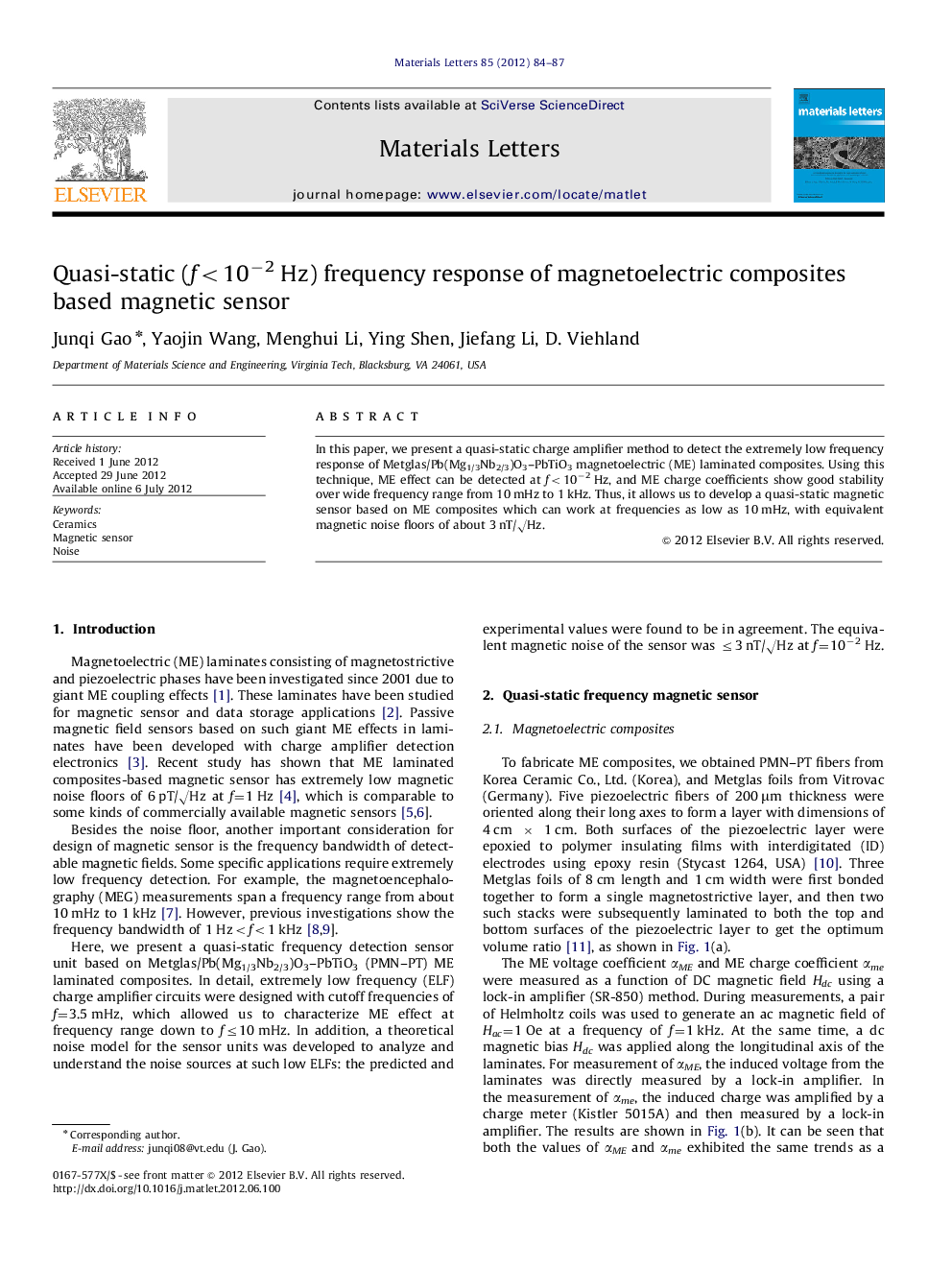 Quasi-static (f<10−2 Hz) frequency response of magnetoelectric composites based magnetic sensor