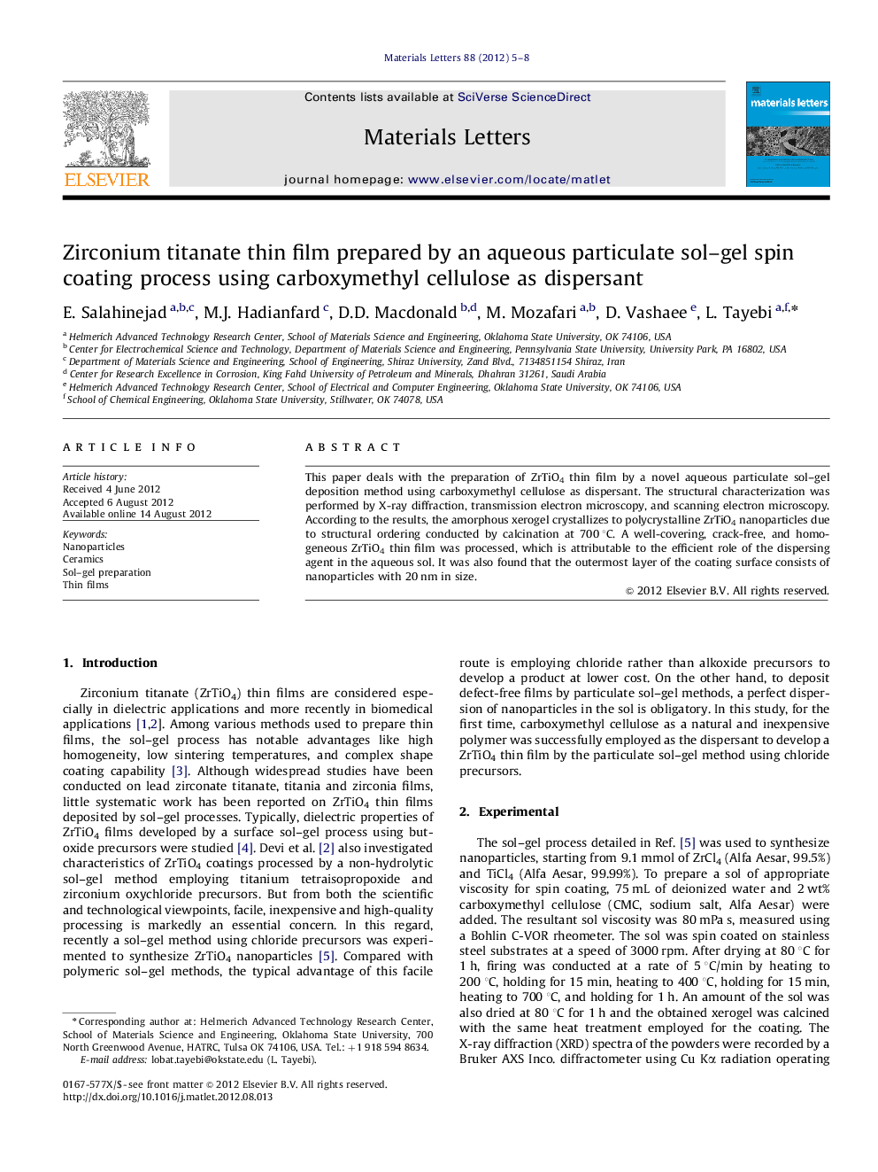 Zirconium titanate thin film prepared by an aqueous particulate sol–gel spin coating process using carboxymethyl cellulose as dispersant