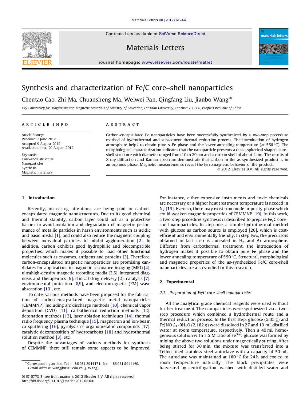 Synthesis and characterization of Fe/C core–shell nanoparticles