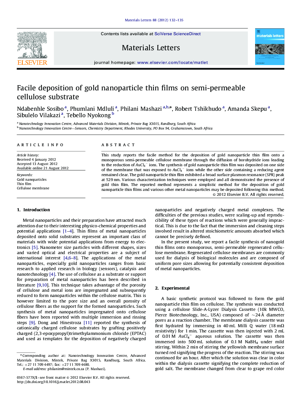 Facile deposition of gold nanoparticle thin films on semi-permeable cellulose substrate