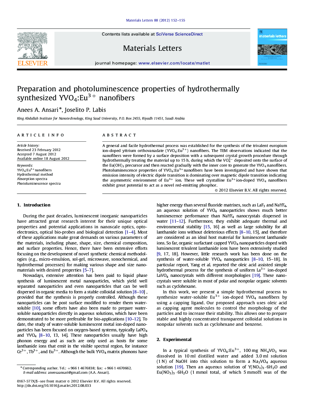 Preparation and photoluminescence properties of hydrothermally synthesized YVO4:Eu3+ nanofibers