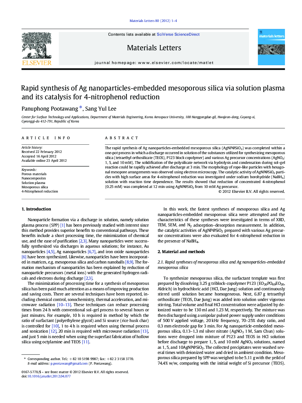 Rapid synthesis of Ag nanoparticles-embedded mesoporous silica via solution plasma and its catalysis for 4-nitrophenol reduction