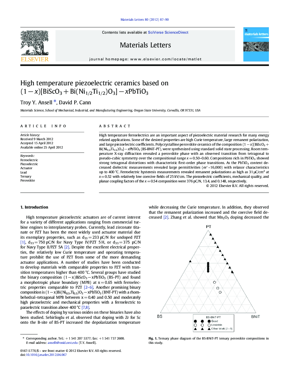 High temperature piezoelectric ceramics based on (1 − x)[BiScO3 + Bi(Ni1/2Ti1/2)O3] − xPbTiO3