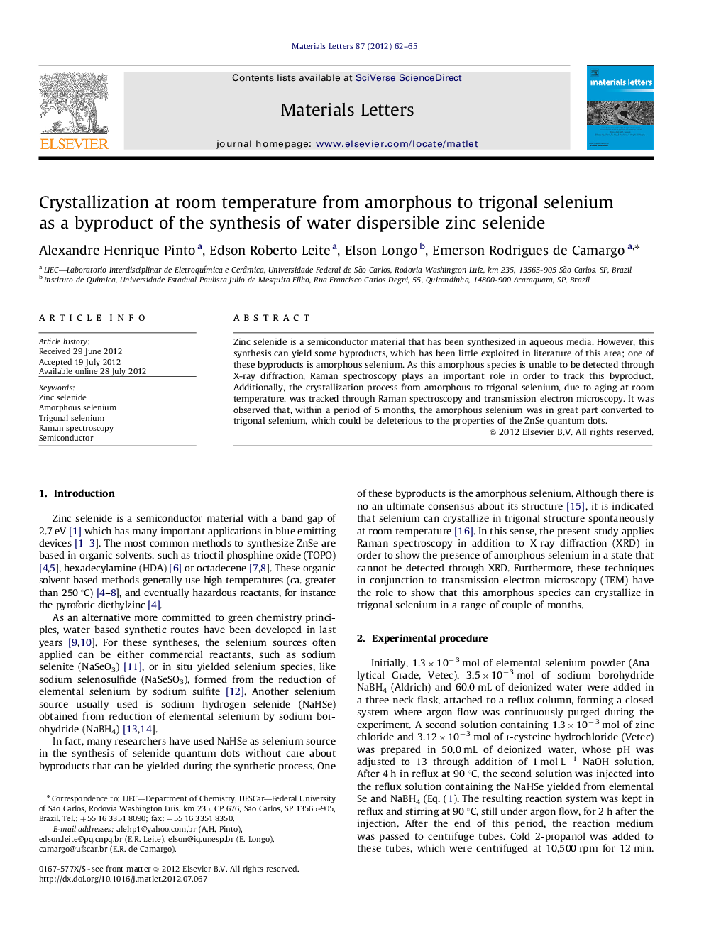 Crystallization at room temperature from amorphous to trigonal selenium as a byproduct of the synthesis of water dispersible zinc selenide