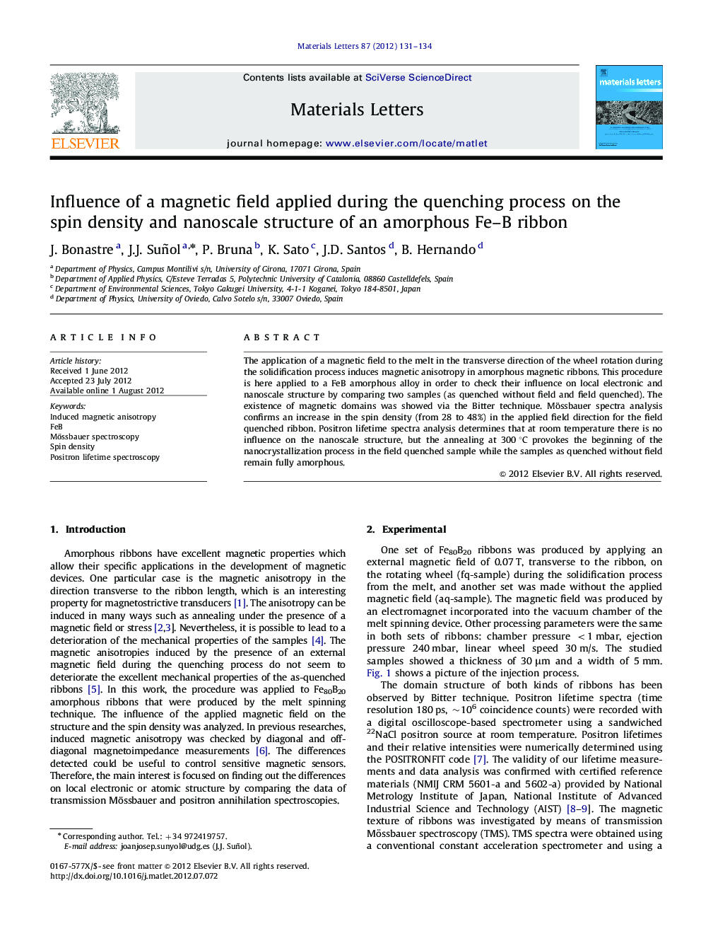 Influence of a magnetic field applied during the quenching process on the spin density and nanoscale structure of an amorphous Fe-B ribbon