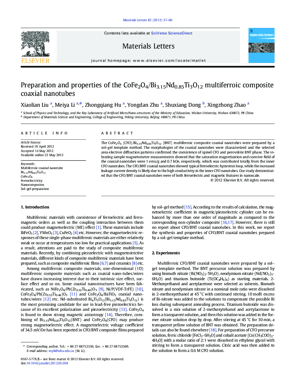 Preparation and properties of the CoFe2O4/Bi3.15Nd0.85Ti3O12 multiferroic composite coaxial nanotubes