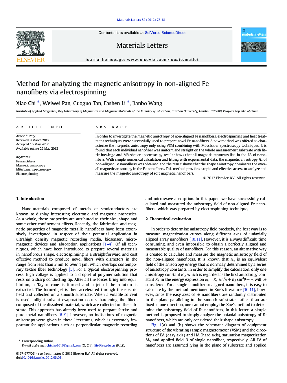 Method for analyzing the magnetic anisotropy in non-aligned Fe nanofibers via electrospinning