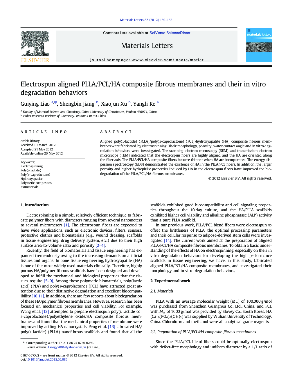 Electrospun aligned PLLA/PCL/HA composite fibrous membranes and their in vitro degradation behaviors